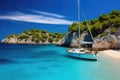 Sailing boat on the turquoise sea in Mallorca, Spain, Beautiful beach with sailing boat yacht, Cala Macarelleta, Menorca island,