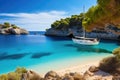 Sailing boat on turquoise water of Calanques bay, Corsica island, France, Beautiful beach with sailing boat yacht, Cala