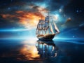 A sailing boat under the dark blue sky decorated in the dark of night. Ai Generated