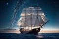 A sailing boat under the dark blue sky decorated in the dark of night. Ai Generated Royalty Free Stock Photo