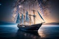 A sailing boat under the dark blue sky decorated in the dark of night. Ai Generated