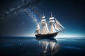 A sailing boat under the dark blue sky decorated in the dark of night. Ai Generated