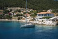 Sailing boats anchored at Fiscardo village in Kefalonia island, Greece Royalty Free Stock Photo