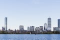 Sailing boats on a Charles River with view of Boston skyscrapers Royalty Free Stock Photo