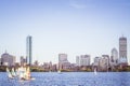 Sailing boats on a Charles River with view of Boston skyscrapers Royalty Free Stock Photo