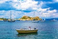 Sailing boats in Corfu Town Garitsa Bay Greece Old fortress Royalty Free Stock Photo