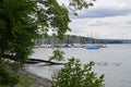 lots of sailing boats at harbor of Bernried on Lake Starnberg or Starnberger See on sunny May day, Bavaria, Germany