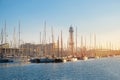 Sailing boats in the harbor, many moored sailing yachts in the seaport, modern water transport, active lifestyle, leisure concept Royalty Free Stock Photo