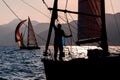 Yacht silhouette in the high sea on sunset Royalty Free Stock Photo