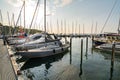 Sailing boats in a marina (Langballigau) during sunset at the Baltic Sea in Northern Germany Royalty Free Stock Photo