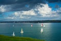 Sailing boats racing over calm waters of Auckland Harbour on a beautiful winter day. North Island, New Zealand Royalty Free Stock Photo