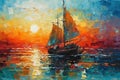 Sailing boats on the sea. Modern art oil painting. Seascape in the style of impressionism.