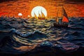 Sailing boats in the sea at sunset. Colorful painting., generative ai