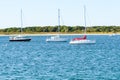 Sailing boats tied up to mooring buoys in a bay with a sandy beach in background Royalty Free Stock Photo