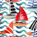 Sailing boats watercolor seamless background