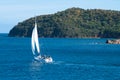 Sailing in Caribbean Sea. Sailer sailing near Mayreau Island Grenadines Caribbean Sea