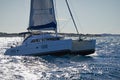 Sailing catamaran in the rough sea, Greece. Royalty Free Stock Photo