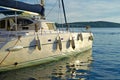 Sailing catamaran at sunset