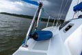 Sailing concept with boat and lake water storm weather Royalty Free Stock Photo