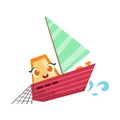 Sailing Fisherman Fishing Boat, Cute Girly Toy Wooden Ship With Face Cartoon Illustration Royalty Free Stock Photo