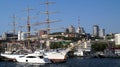 Sailing frigate `Nadezhda`. Golden Horn Bay, Vladivostok, Russia. Royalty Free Stock Photo