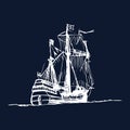 Sailing Galleon Ship In The Ocean In Ink Line Style. Vector Hand Sketched Old Warship. Marine Theme Design.