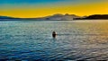 Sailing on Lake Taupo at dusk with the magnificent backdrop of the three volcanos on the Central Plateau