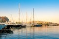 Sailing and luxury motor yachts in marina of Zeas. Sunset and v Royalty Free Stock Photo