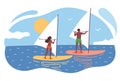 Sailing, a man and a woman ride boards with a sail