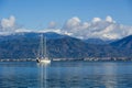 Sailing megayacht on awesome mountains background