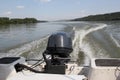 Sailing near Beska Bridge on the Danube River in Vojvodina, Serbia with Fishing Boat