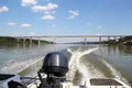 Sailing near Beska Bridge on the Danube River in Vojvodina, Serbia with Motor Boat