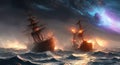 Sailing old ship instorm sea - night sky with crescent in the clouds. Pirate ghost ship AI generated Royalty Free Stock Photo