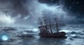 Sailing old ship instorm sea - night sky with crescent in the clouds. Pirate ghost ship AI generated