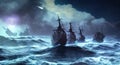 Sailing old ship instorm sea - night sky with crescent in the clouds. Pirate ghost ship AI generated