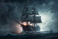 Sailing old ship in storm sea on the background clouds with lightning. Neural network AI generated Royalty Free Stock Photo