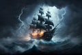 Sailing old ship in storm sea on the background clouds with lightning. Neural network AI generated Royalty Free Stock Photo