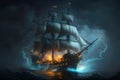 Sailing old ship in storm sea on the background clouds with lightning. Neural network AI generated Royalty Free Stock Photo