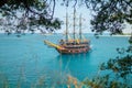 Sailing old ship in storm sea - Night sky with moon in the clouds Elements of this image furnished love story