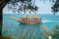 Sailing old ship in storm sea - Night sky with moon in the clouds Elements of this image furnished love story