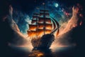 A sailing pirate ship that is discovering the mysteries of outer space and the universe Royalty Free Stock Photo