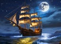 Sailing pirate ship on the high seas in the night. Old moonlit Flying Dutchman sailing