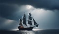 Sailing pirate ship on the high seas in the night. Old moonlit Flying Dutchman sailing