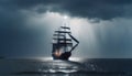 Sailing pirate ship on the high seas in the night. Old moonlit Flying Dutchman sailing