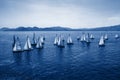 Sailing regatta, group of small water racing boats in Mediterranean, panoramic view with blue mountains on horizon on toning in Royalty Free Stock Photo