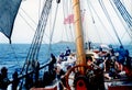 Sailing a replica 18th century ship off of Diamond Head, Hawaii Royalty Free Stock Photo