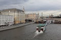 Moscow, Russia Ã¢â¬â August 16, 2019: Sailing river pleasure boats under the Bolshoi Moskvoretsky Bridge