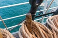 Sailing ropes on the deck of a sailing ship close up, selective focus Royalty Free Stock Photo