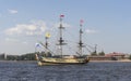 Sailing russian frigate Poltava on Neva river on Navy Day Parade