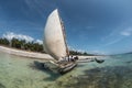 Landscape Diani Beach Traditional wood sail boat turquoise water in the Indian Ocean in Watamu, Kenya, Zanzibar, Maldives island